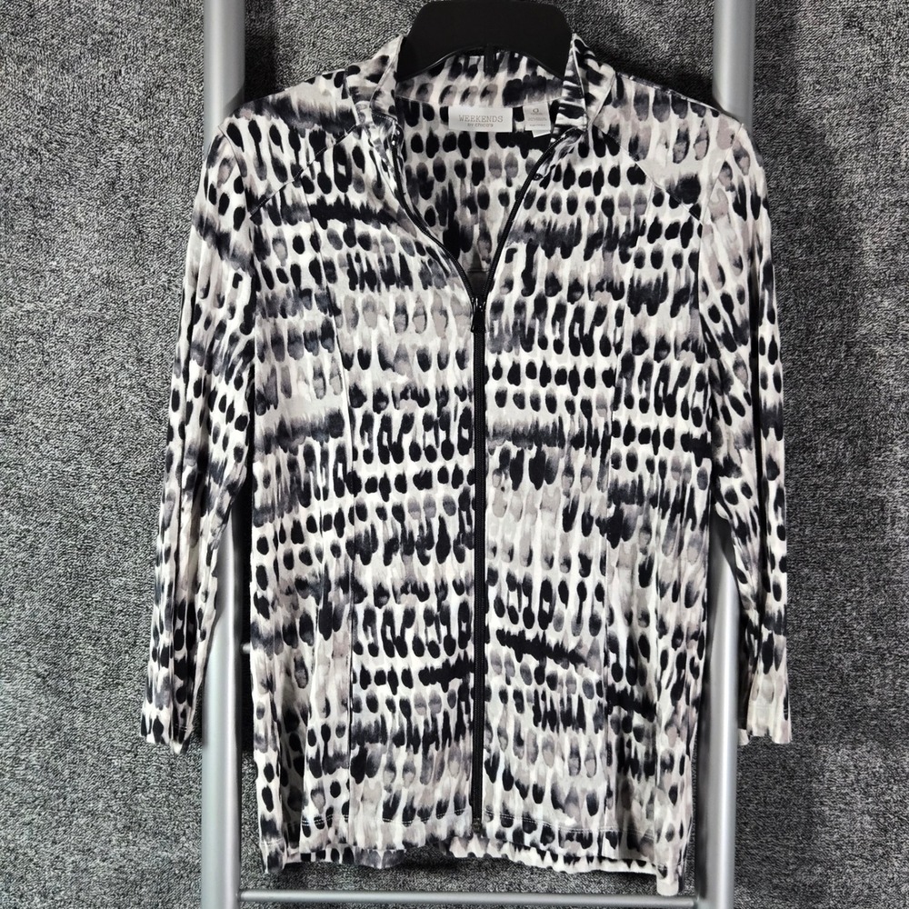 Chicos Weekends Women 0 XS Black White Abstract Dot Zip Up Mock Neck Top